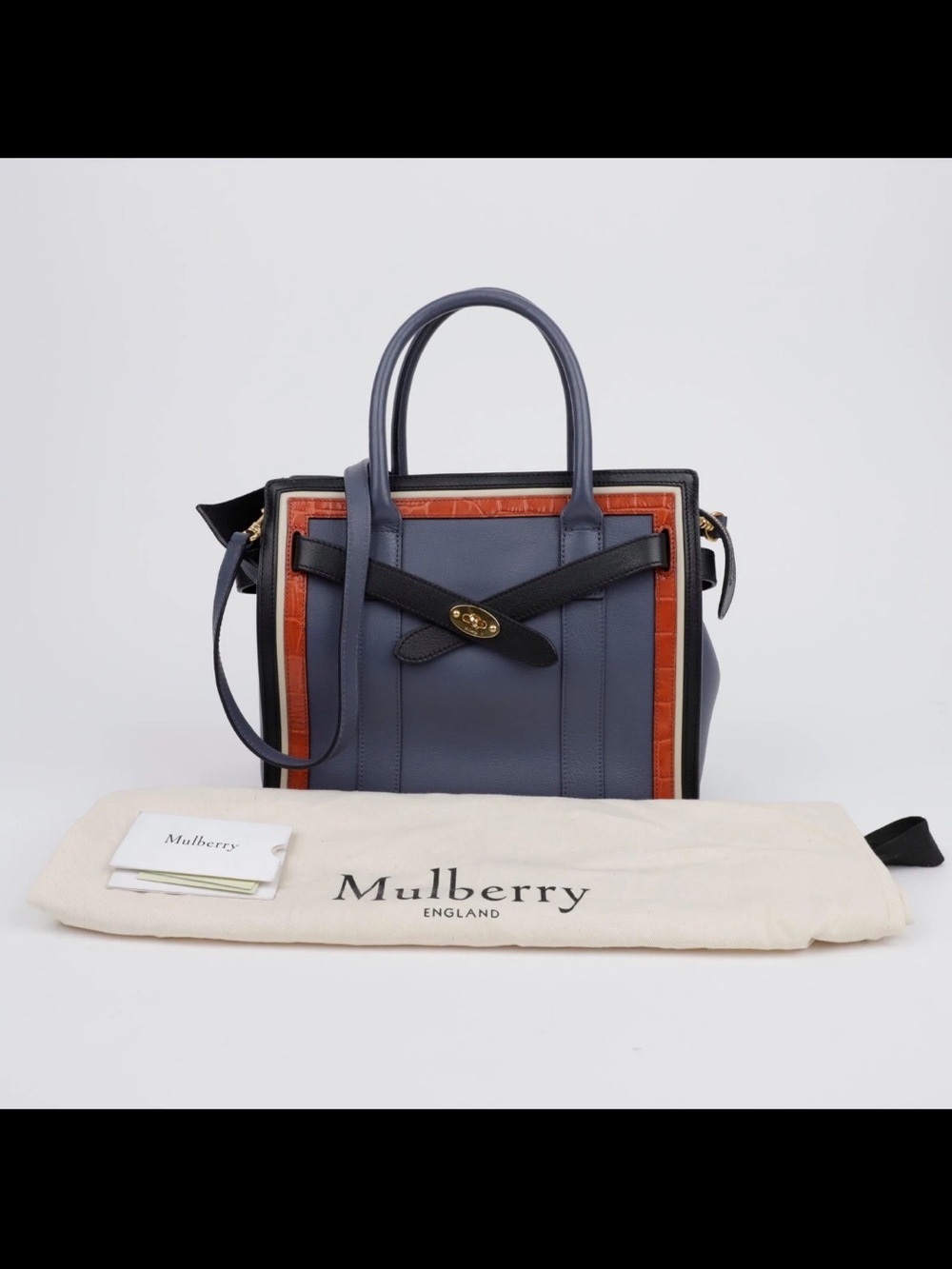 Mulberry Blue and Brown Trim Leather Satchel with Black Strap Detail